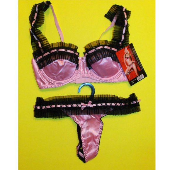 NWT Leg Avenue Chiffon Trim Balconette Bra and Thongs SET, S,M,L, Pink - Picture 2 of 7